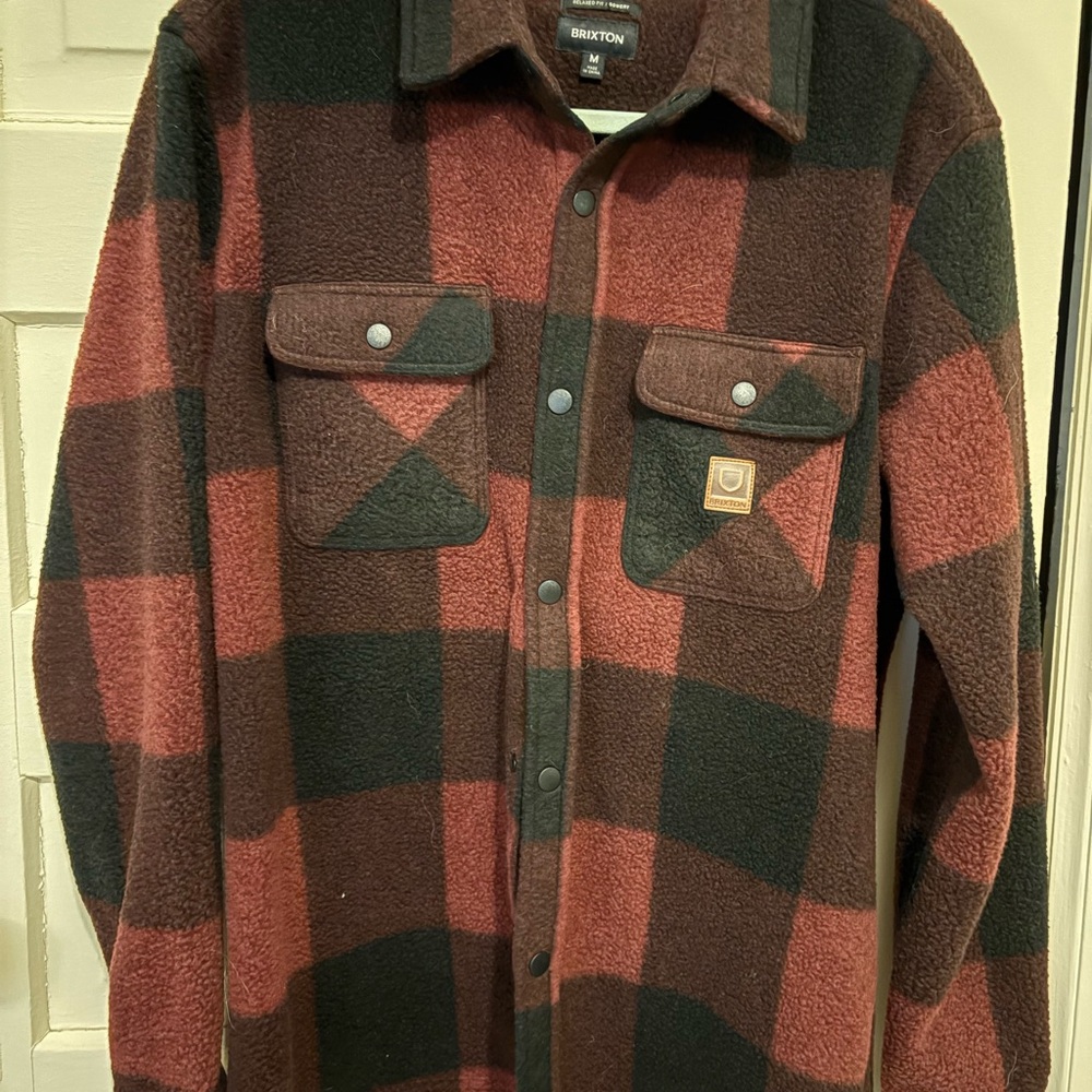 Brixton Black & Dark Red Plaid Fleece Shacket